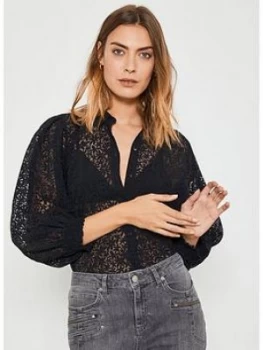 Image of Mint Velvet Floral Puff Sleeve Top - Dark Blue, Size 14, Women