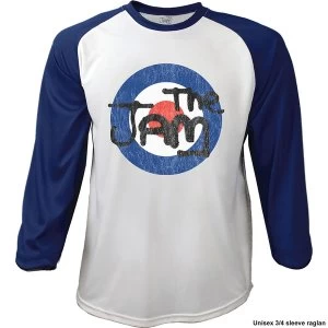 Image of The Jam - Target Logo Distressed Mens Medium Raglan T-Shirt - Navy Blue / White