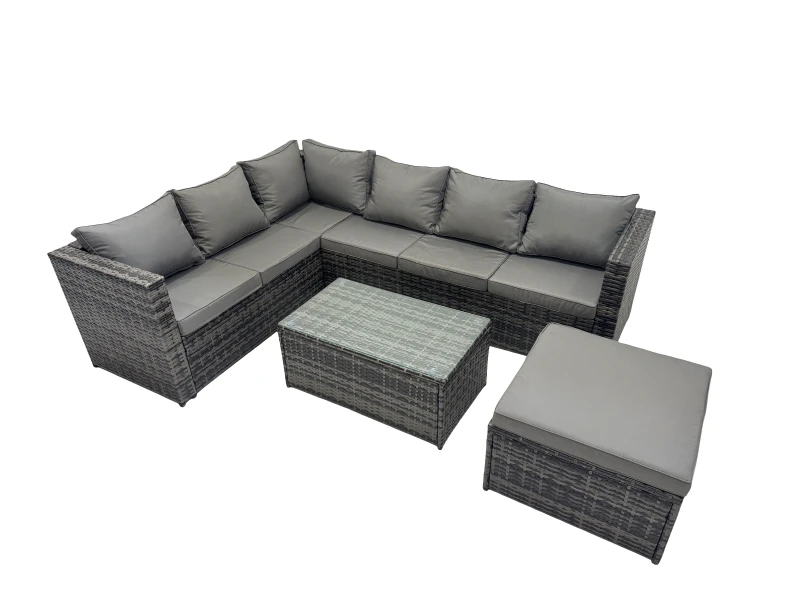 Image of Fimous Outdoor Rattan Garden Furniture Set with Big Stool Dark Grey Mixed Dark Grey Unisex