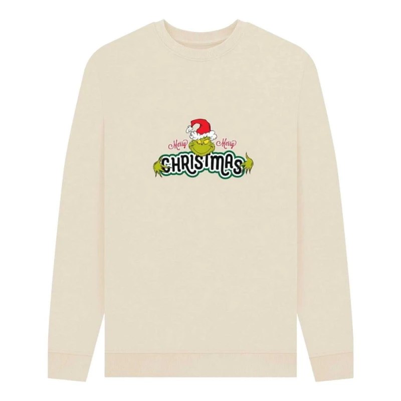 Image of The Grinch Mens Christmas Sweatshirt in Ecru Size: Small Ecru Male S