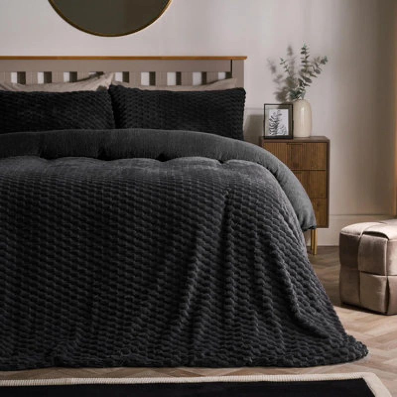 Image of OHS OHS Waffle Fleece Thermal Duvet Cover Soft Bedding Set in Charcoal Size: Double Charcoal Double Unisex 5027434222667