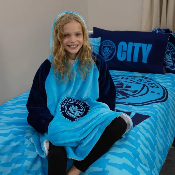 Image of Manchester City FC Fleece Blue Hooded Blanket - Medium