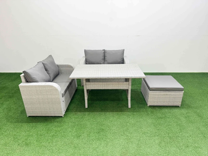 Image of Fimous 5 Seater Outdoor Love Sofa Set Rattan Garden Furniture Set with Rectangular Dining Table Big Footstool Light Grey Light Grey