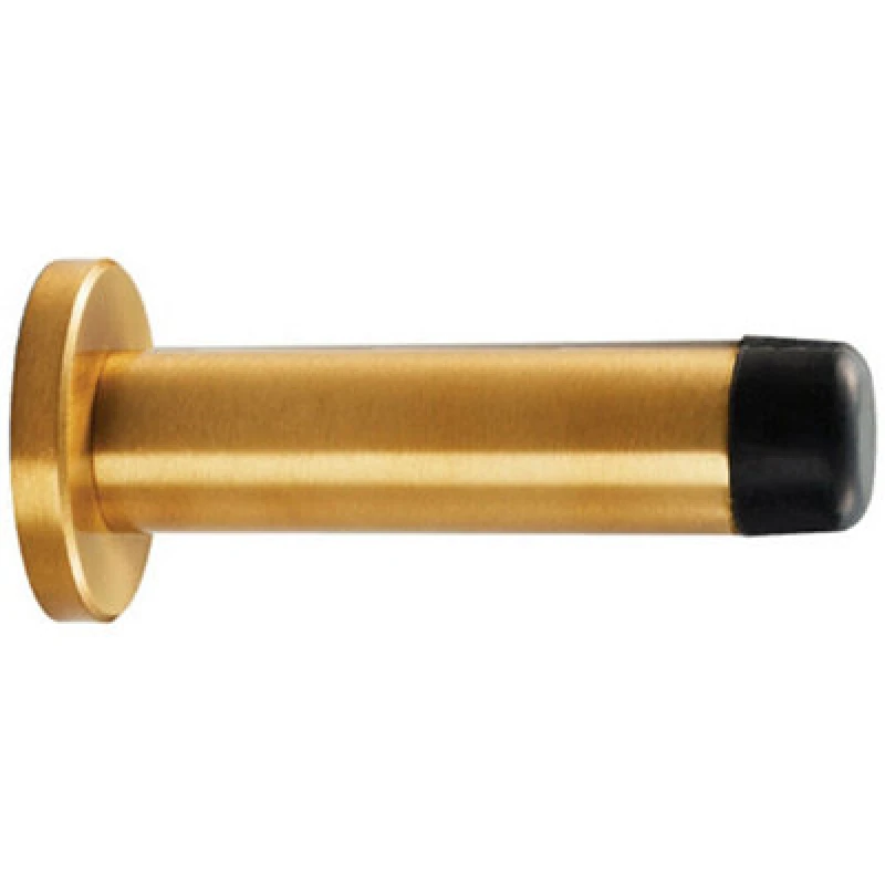 Image of Loops Rubber Tipped Doorstop Cylinder with Rose Wall Mounted 70mm Satin Brass Metallics