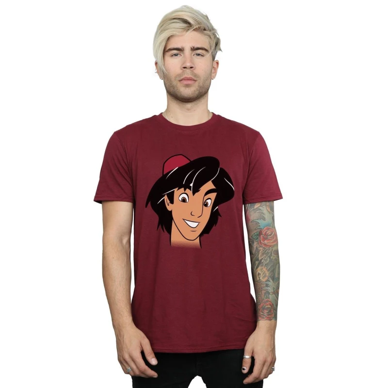 Image of Disney Men Aladdin Headshot T-Shirt in Burgundy Size: Small Burgundy S Male 5059568047113