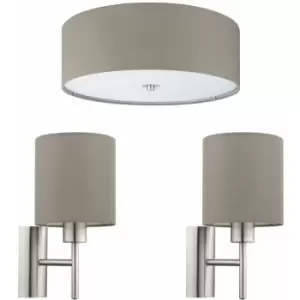 Image of Low Ceiling Light & 2x Matching Wall Lights Taupe Fabric Round Shade Lamp