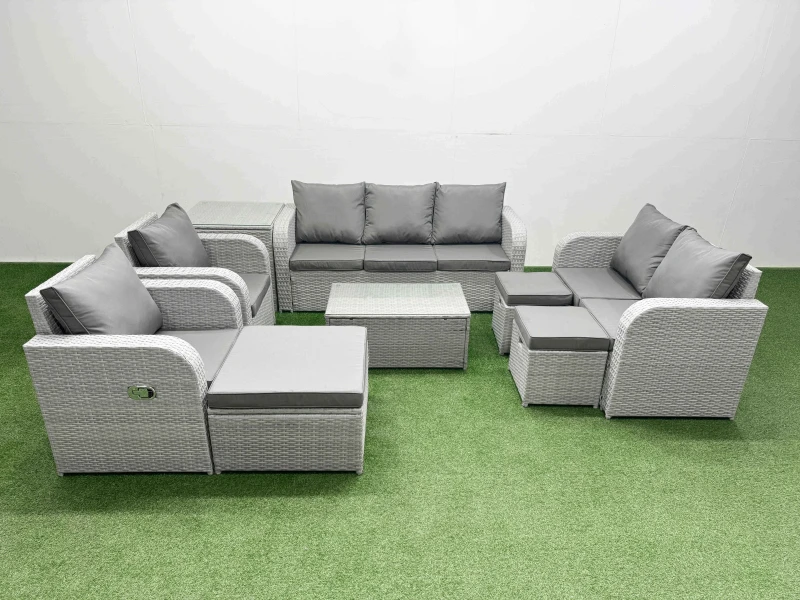 Image of Fimous PE Rattan Garden Furniture Set Adjustable Chair Sofa Double Love Seat 2 Seater Sofa Lounge Set Oblong Coffee Table 3 Stools Side Table Light Gr