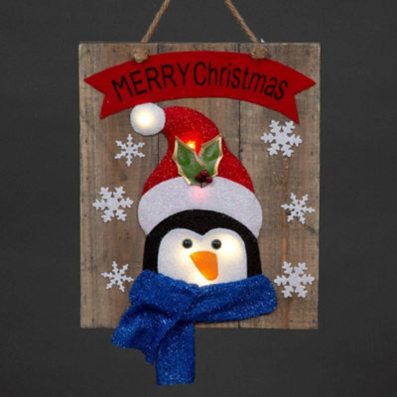 Image of Shatchi Christmas Home Decoration Battery Operated Novelty Penguin Wooden Frame Wall Decoration with 6 Small Warm White Bulbs Blue