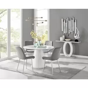 Image of Furniturebox Palma White High Gloss 4 Seat Minimalist Post Modern Round Dining Table & 4 Grey Pesaro Silver Leg Velvet Chairs