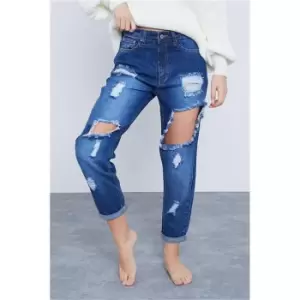 Image of I Saw It First Dark Wash Petite Ripped Mom Jeans - Blue