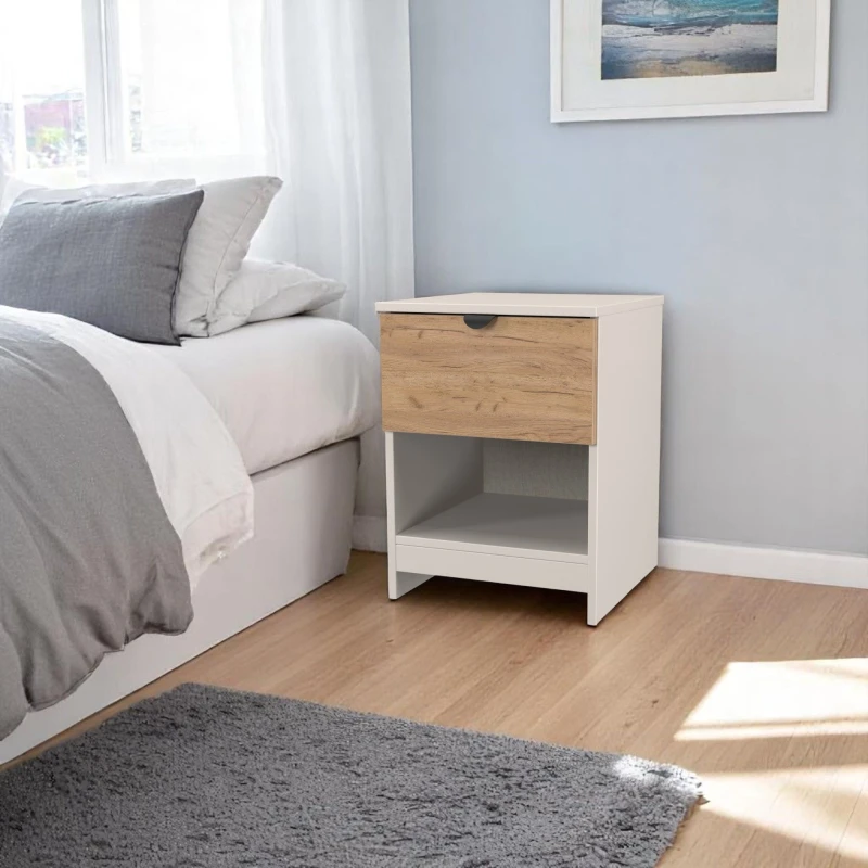 Image of Welcome Furniture Ready Assembled Bora 1 Drawer Open Shelf Bedside Cabinet, Cream BOP605GCKM