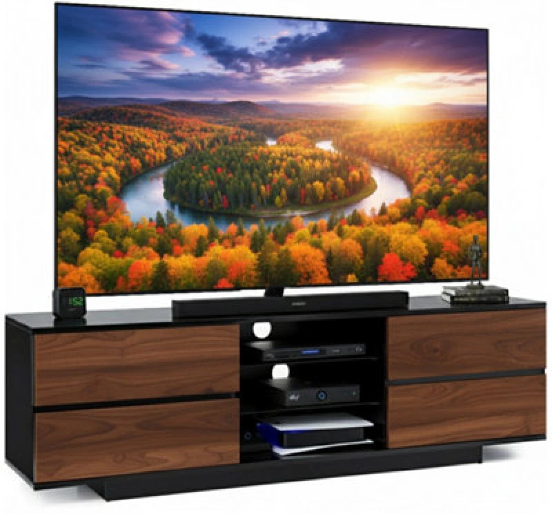 Image of CENTURION SUPPORTS Centurion Supports - Avitus Walnut Black, Gloss Black with 4-Walnut Drawers & 3-Shelf 32'-65' led/ lcd / Plasma tv Stand Avitus Bla