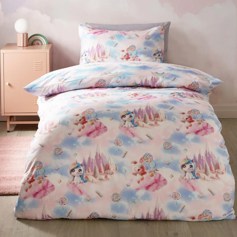 Image of Catherine Lansfield Candy Unicorn So Soft Reversible Duvet Cover Set Pink unisex Single