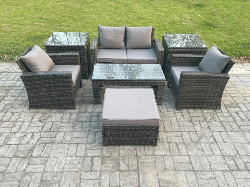 Image of Fimous 5 Seater Outdoor Rattan Garden Furniture Set Patio Lounge Sofa Set with Coffee Table Side Tables Big Footstool Dark Grey Mixed Dark Grey Unisex