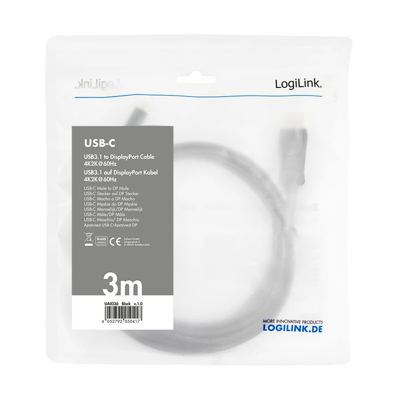 Image of LogiLink UA0336 video cable adapter 3m USB Type-C DisplayPort Black