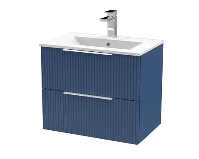 Image of HUDSON REED Hudson Reed - Fluted Satin Blue 600mm Wall Hung 2 Drawer Vanity Unit and Minimalist Ceramic Basin - DFF393B DFF393B