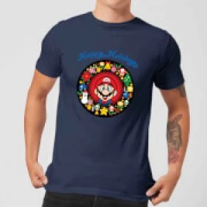 Image of Nintendo Super Mario Mario Happy Holidays Navy T-Shirt - M - Navy