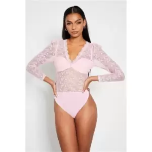 Image of I Saw It First Pink Premium Lace Plunge Bodysuit - Pink