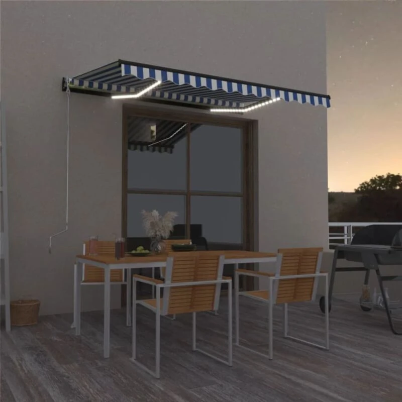 Image of VIDAXL Manual Retractable Awning with LED 400x300cm Blue and White Vidaxl 8720286394250