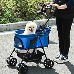 Image of PawHut No-Zip Dog Stroller with Basket and Safety Leash Blue