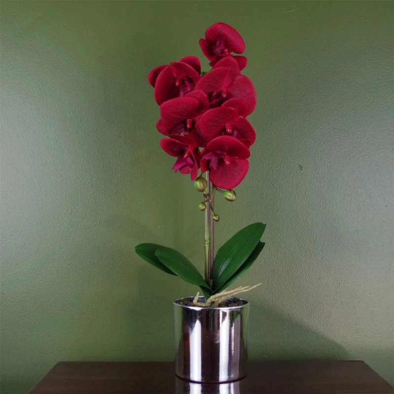 Image of Leaf 46cm Artificial Orchid Red with Silver Pot Red