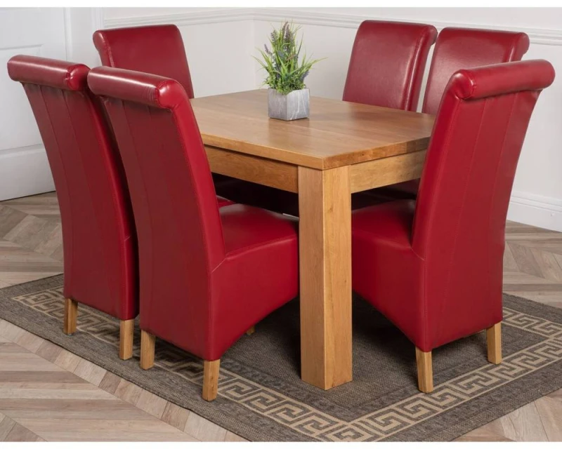 Image of Thats Furniture Dakot 127 x 82cm Oak Small Dining Table & 6 Montana Leather Chairs in Red Size: 127 x 82cm Red Unisex 127 x 82 cm