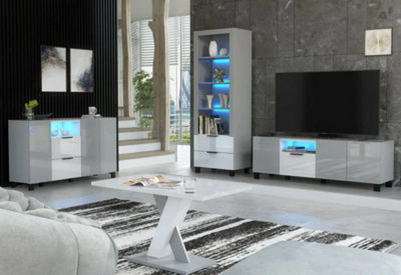 Image of Furneo Living Room Set TV Stand Display Cabinet Sideboard Coffee Table Grey White High Gloss Matt Blue LED Lights Enzo 2/14/16/18