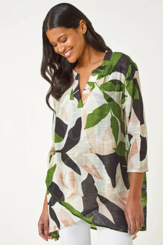 Image of Roman Leaf Print Wrap Front Tunic Top Green