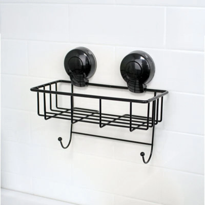 Image of Showerdrape Suctionloc Black Steel Suction Wall Mounted Rectangular Basket With Mounting Discs