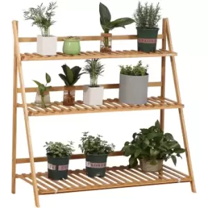 Image of 3-Tier Folding Bamboo Plant Stand Display Rack for Indoor & Outdoor - Natural wood finish - Outsunny