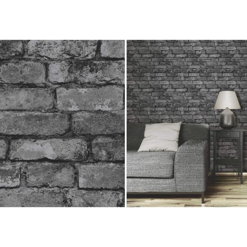 Image of FINE DECOR Fine Decor - Rustic Brick Effect Charcoal Silver Grey Feature Wallpaper WL-FD31284