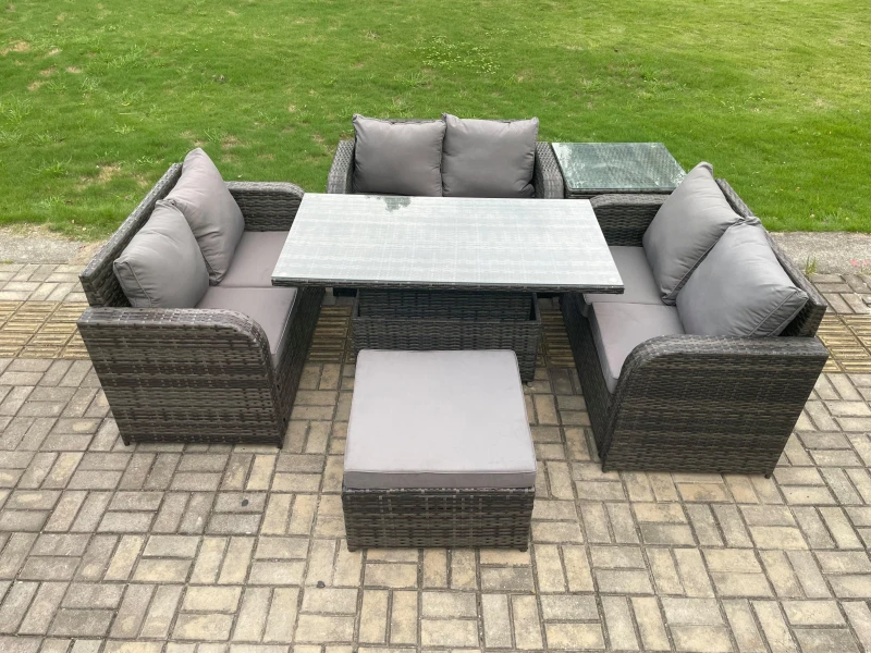 Image of Fimous Rattan Garden Outdoor Furniture 3 PC Love Sofa Set Patio Adjustable Rising lifting Dining Table With Side Table Big Footstool Dark Grey