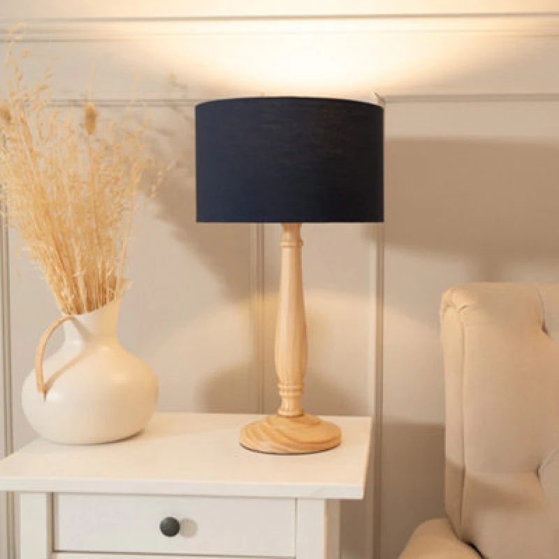 Image of ValueLights Victoria Light Wood Traditional Stem Table Lamp with Fabric Drum Shade Navy