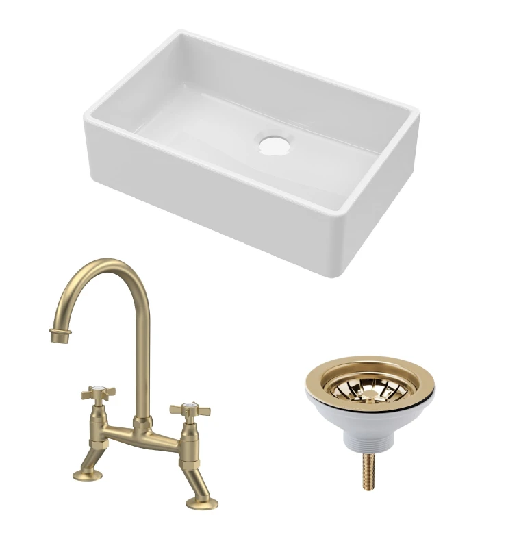 Image of Balterley Fireclay 1 Bowl Butler Sink Waste Tap Brushed Brass 795mm Bronze