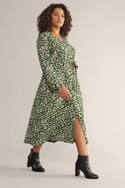 Image of Evans Printed Tie Waist Midi Dress Green