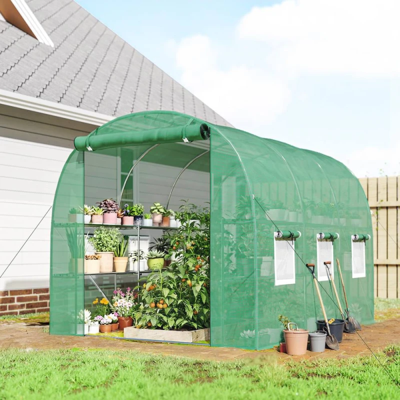 Image of OUTSUNNY Walk-in Greenhouse with Shelves, Green House with Mesh Windows Green Unisex