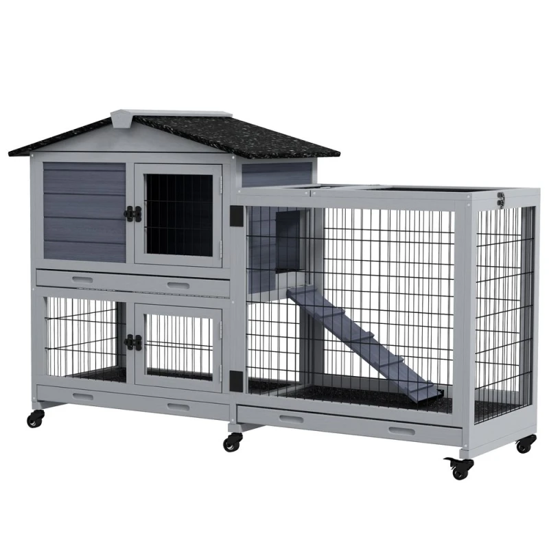 Image of PawHut Large Rabbit hutch Outdoor Indoor w/ Wheels, Three Slide-Out Trays, Ramp, Grey D51-414V00GY