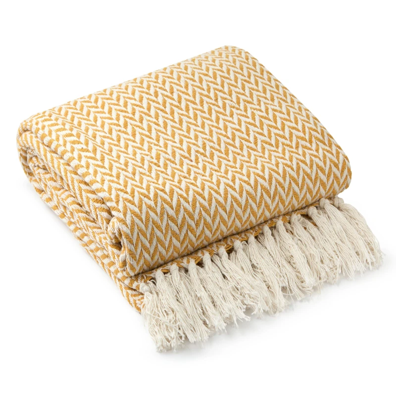 Image of Emma Barclay Throw Blanket Cotton Scandi Woven Cherokee Ochre unisex 229x254cm