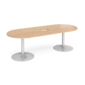 Image of Trumpet base radial end boardroom table 2400mm x 1000mm with central cutout 272mm x 132mm - silver base and beech top
