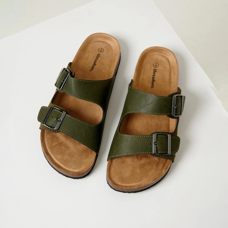 Image of Threadbare Mens Slip-On Two Buckle Strap Flat Sandals Khaki male 9