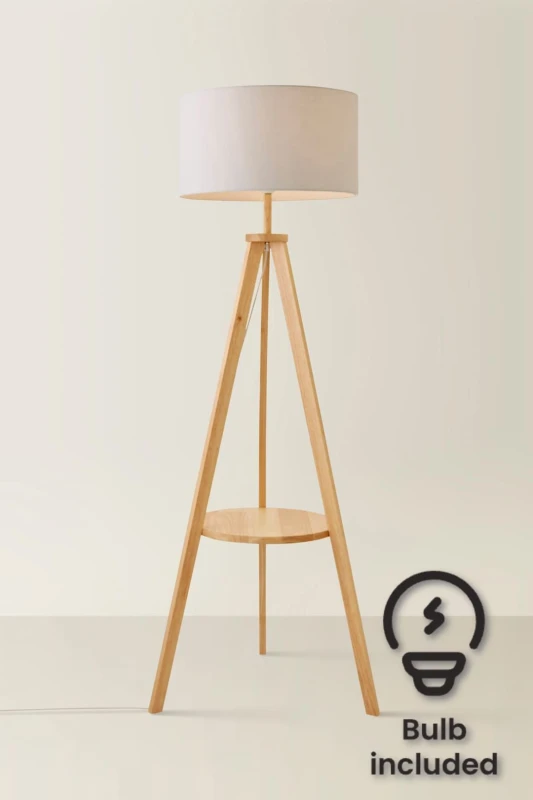 Image of ValueLights Morrigan Light Wood Tripod Floor Lamp With Fabric Drum Lamp Shade and LED Bulb Grey