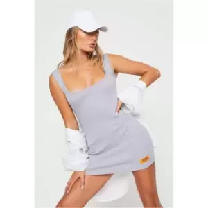 Image of I Saw It First Grey Reclaim Square Neck Exposed Seam Ribbed Mini Dress - Grey