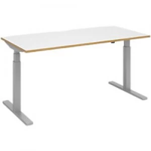 Image of Elev8 Rectangular Sit Stand Single Desk with White & Oak Coloured Melamine Top and Silver Frame 2 Legs Touch 1600 x 800 x 675 - 1300 mm
