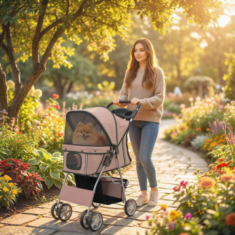 Image of Pawhut Pet Stroller Carrier Foldable Deluxe Walk Travel Dog, Brown