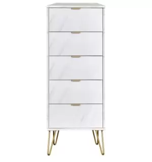 Image of Hirato Ready Assembled 5 Drawer Tall Boy Marble Gold Metal Hairpin Legs