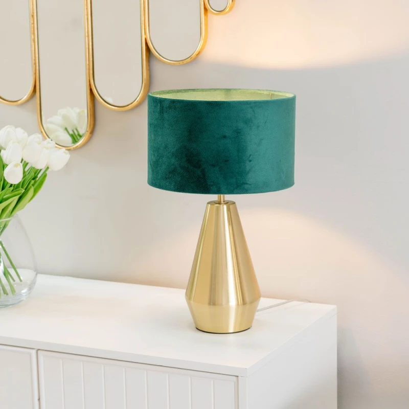 Image of ValueLights Jax Antique Brass Metal Dimmable Touch Table Lamp with Velvet Drum Shade Bottle Green
