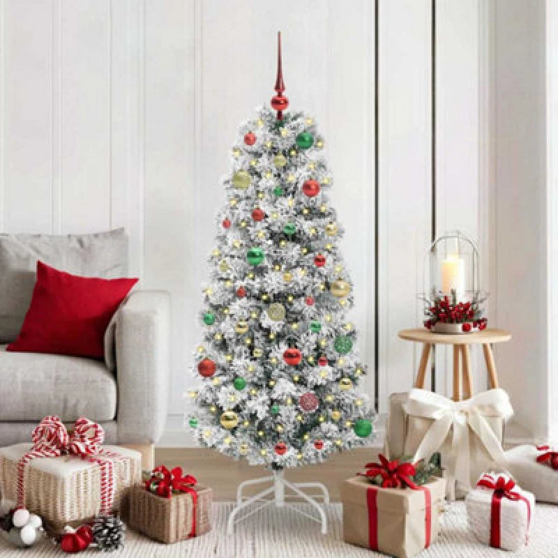 Image of vidaXL Artificial Hinged Christmas Tree Green and white 150 cm, Green 3395594