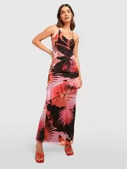 Image of Boohoo Abstract Palm Print Ruffle Mesh Maxi Dress - Pink, Size 8, Women