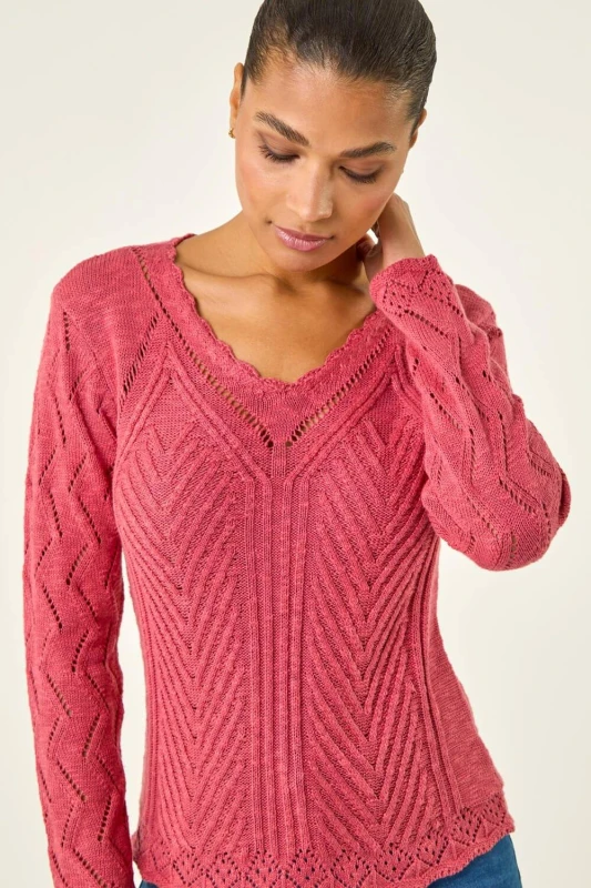Image of Roman Womens Scallop V-Neck Knit Jumper in Cerise Size: 14 Cerise Female 14