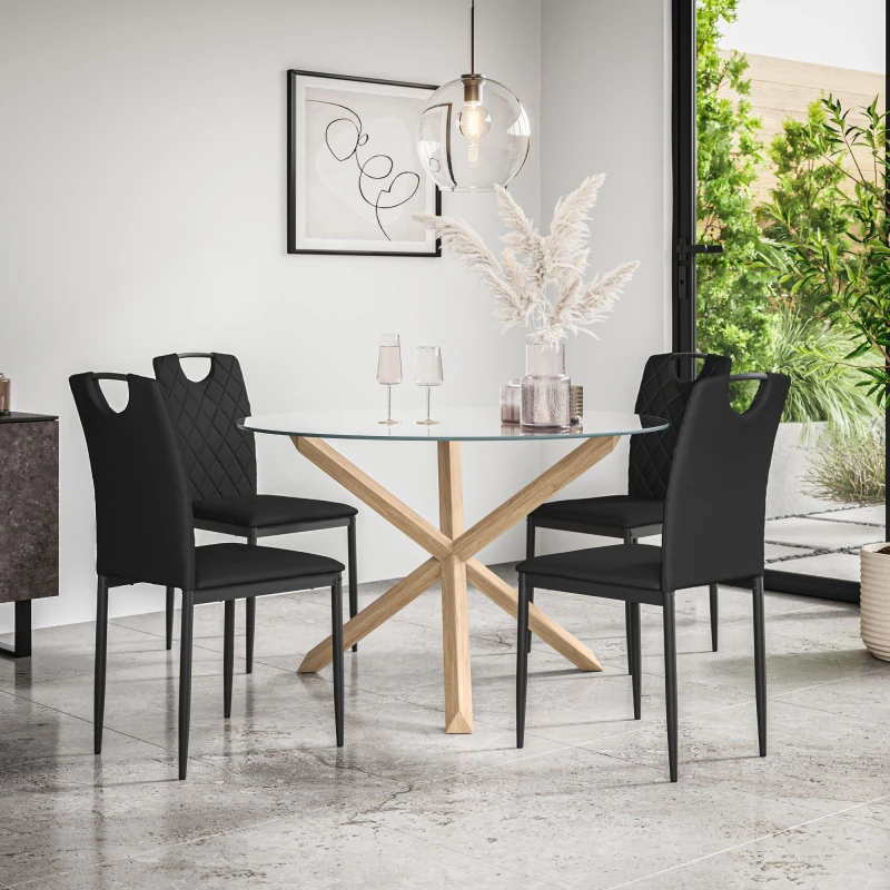 Image of More4Homes Malvern Round Dining Table And Chairs - Clear Glass Table Top W Solid Oak Legs + Monza Faux Leather Dining Chair Set Of 4 (Black)